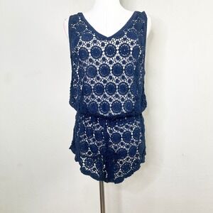 Victorias Secret Navy Blue Crochet Lace Romper Swim Cover Up Large Tassels